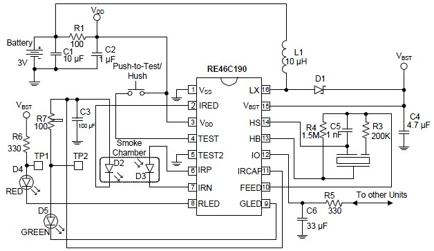 smoke detector alarm using RE46C190 smoke detectors photoelectric circuit