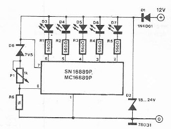 Battery voltage indicator electronic project using MC16889 SN16889