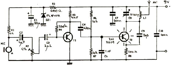 simple FM transmitter electronic project circuit using transistors