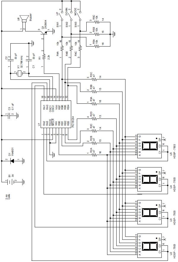 Digital clock microcontroller project using PIC16C54A