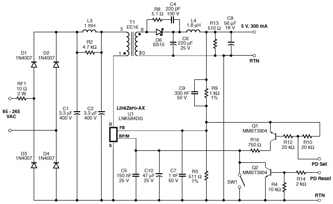 5 volt switching power supply circuit schematic using LNK584DG IC
