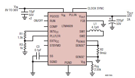 32 volt 2A switching power supply schematic circuit using LTM4096 IC